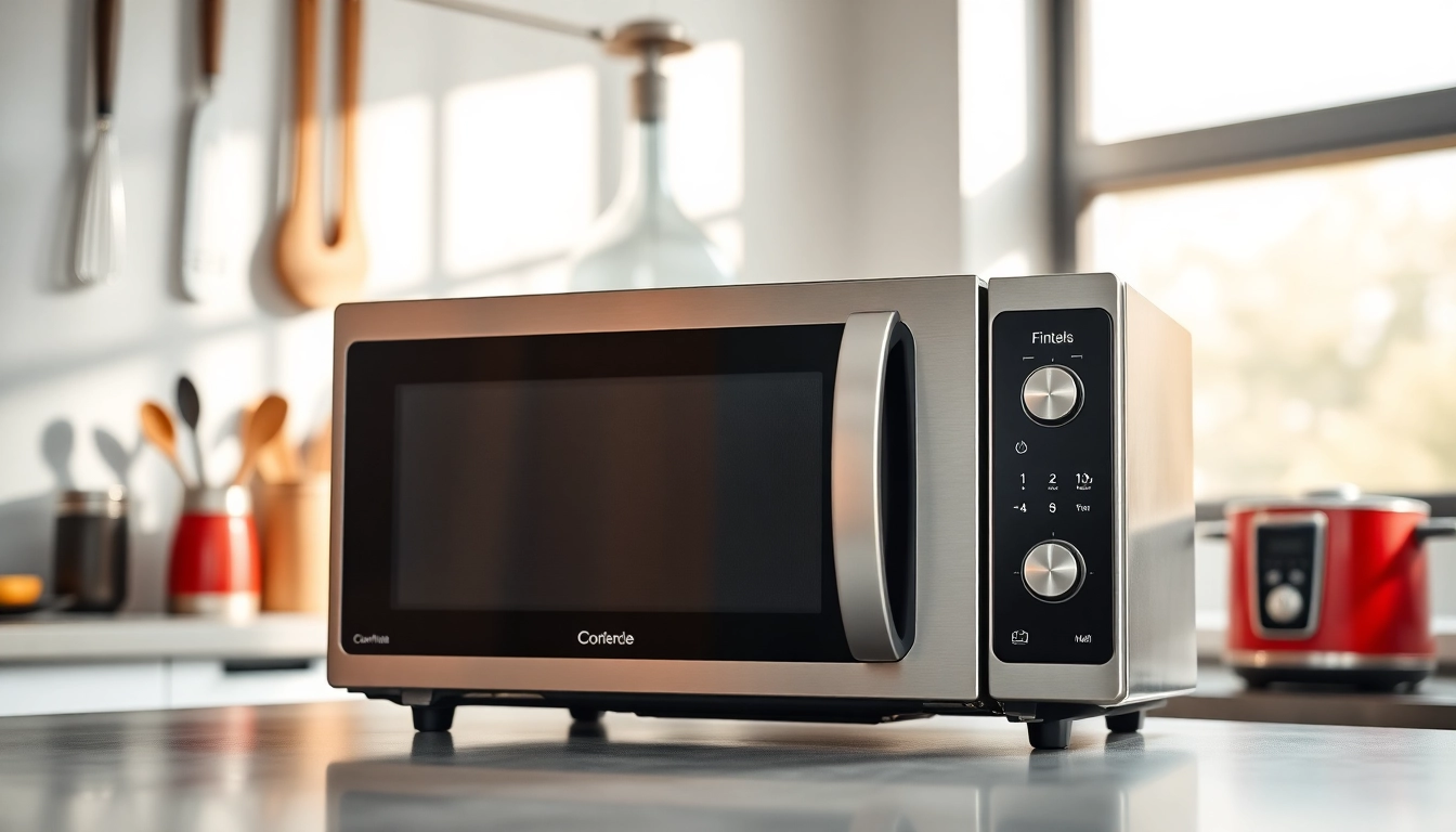 Showcasing a modern microwave oven in a stylish kitchen environment.