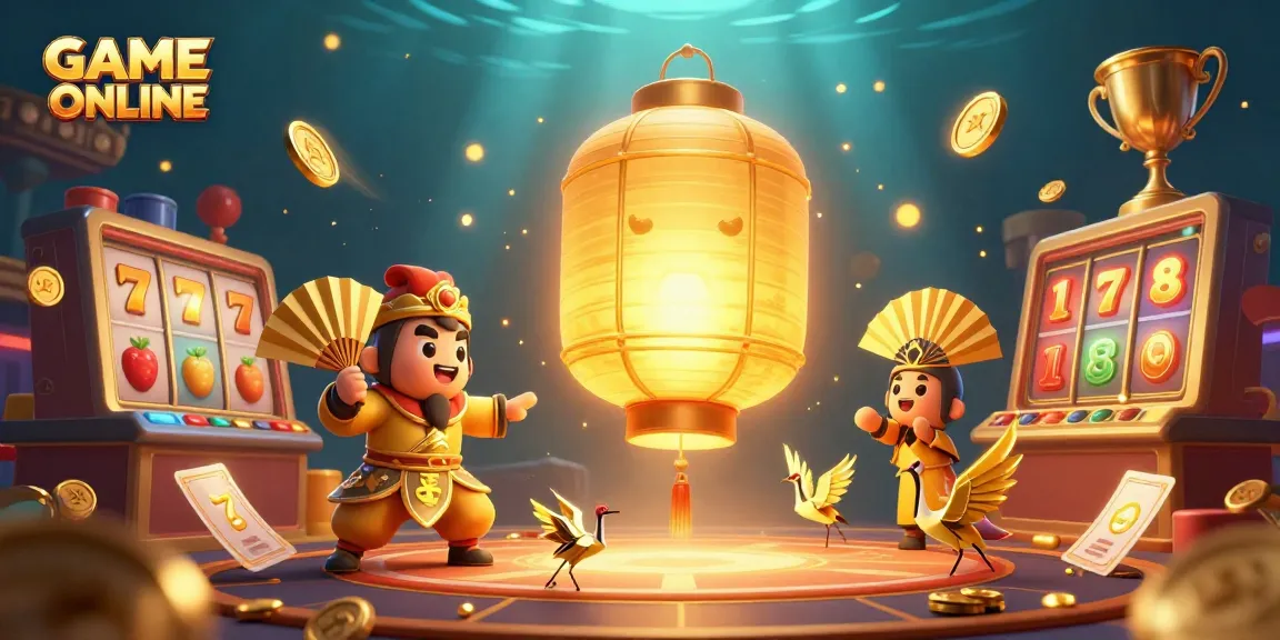 Experience the excitement of GAME ONLINE with colorful slot reels and golden lantern spirits illuminating the casino.