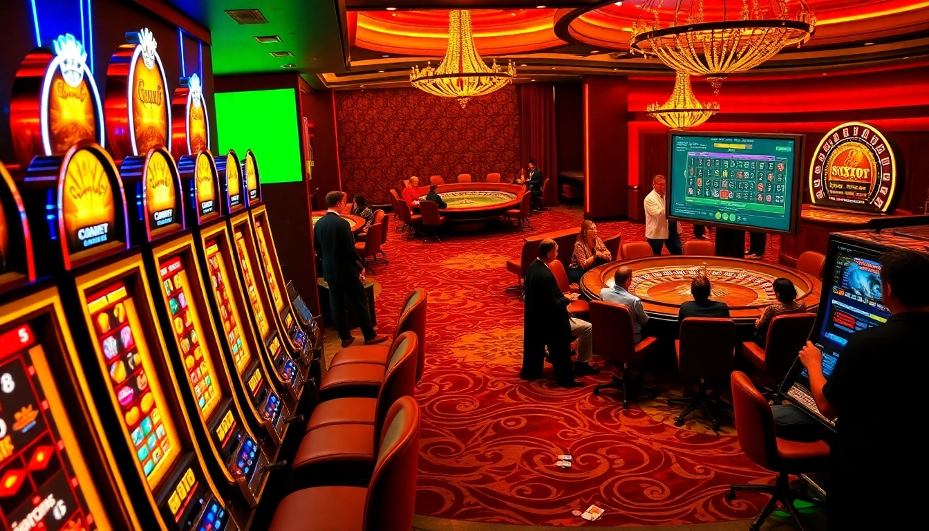 Players engaging with vibrant slot depo 1000 machines in a luxurious casino setting, showcasing excitement and anticipation.