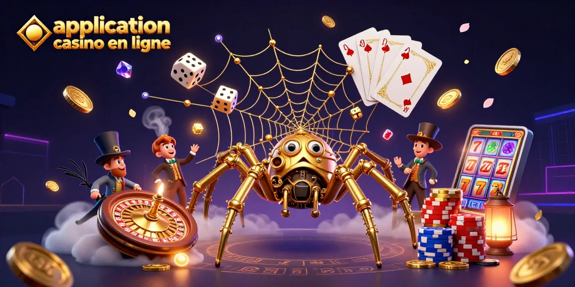 Application casino en ligne avec une araignée steampunk et des éléments de jeu captivants.