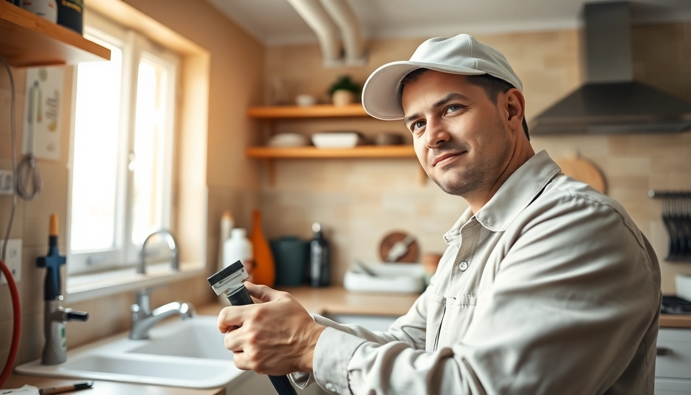 Find a skilled Plumber near me working efficiently in a modern kitchen.