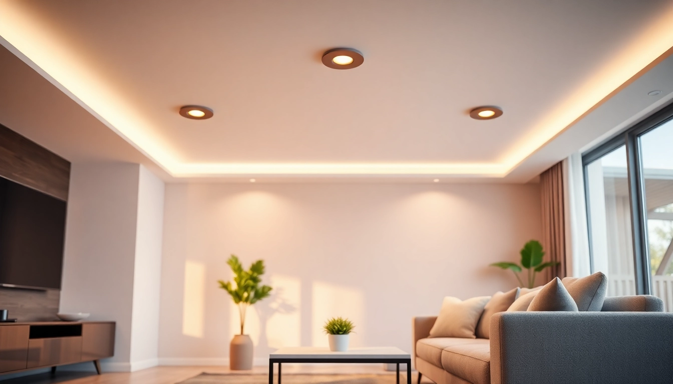 Inbouwspots verlichten een moderne woonkamer met een gezellige sfeer en stijlvol interieur.
