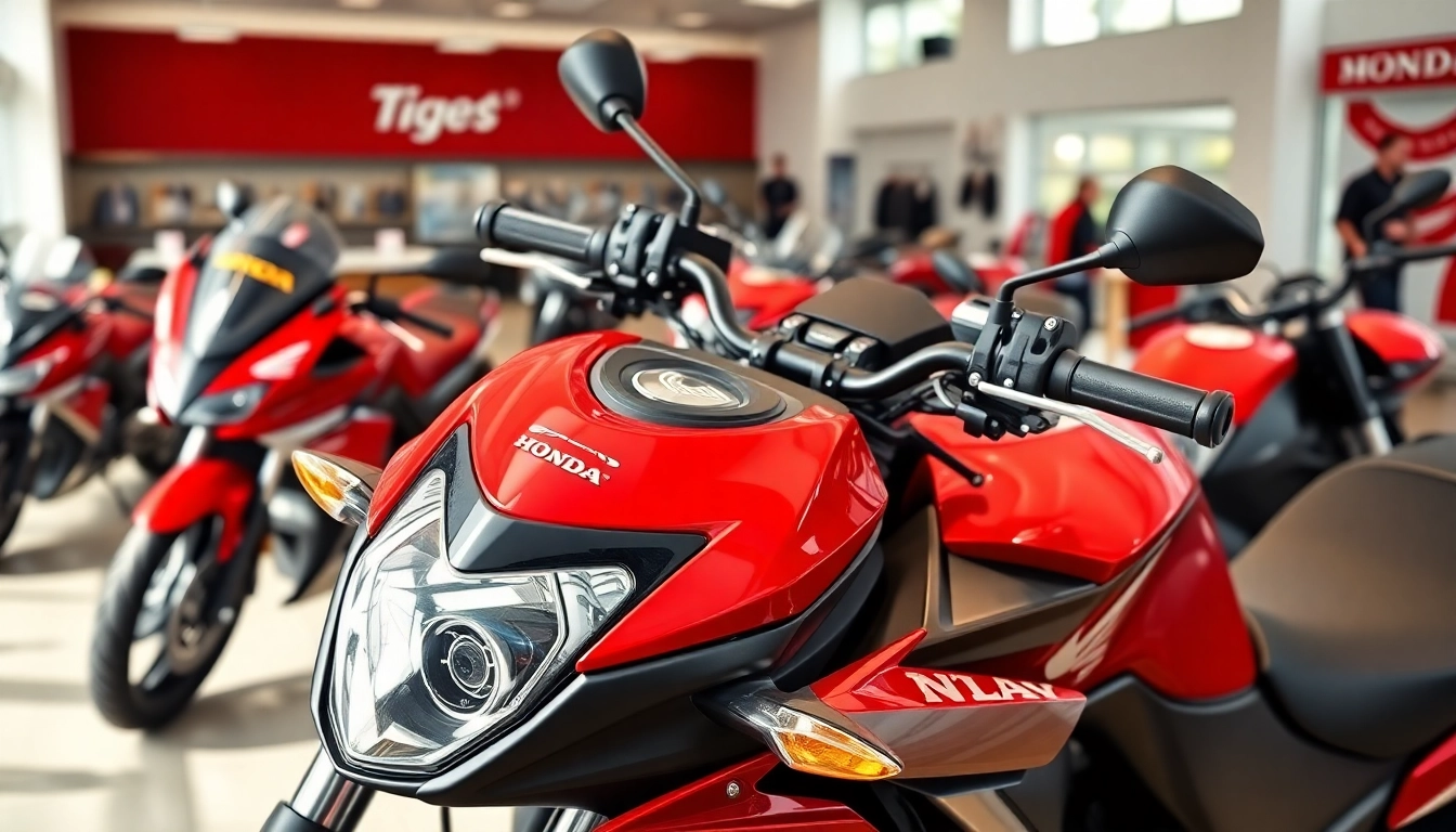 Motorrad fröhlich in a vibrant motorcycle dealership showcasing shiny Honda bikes.