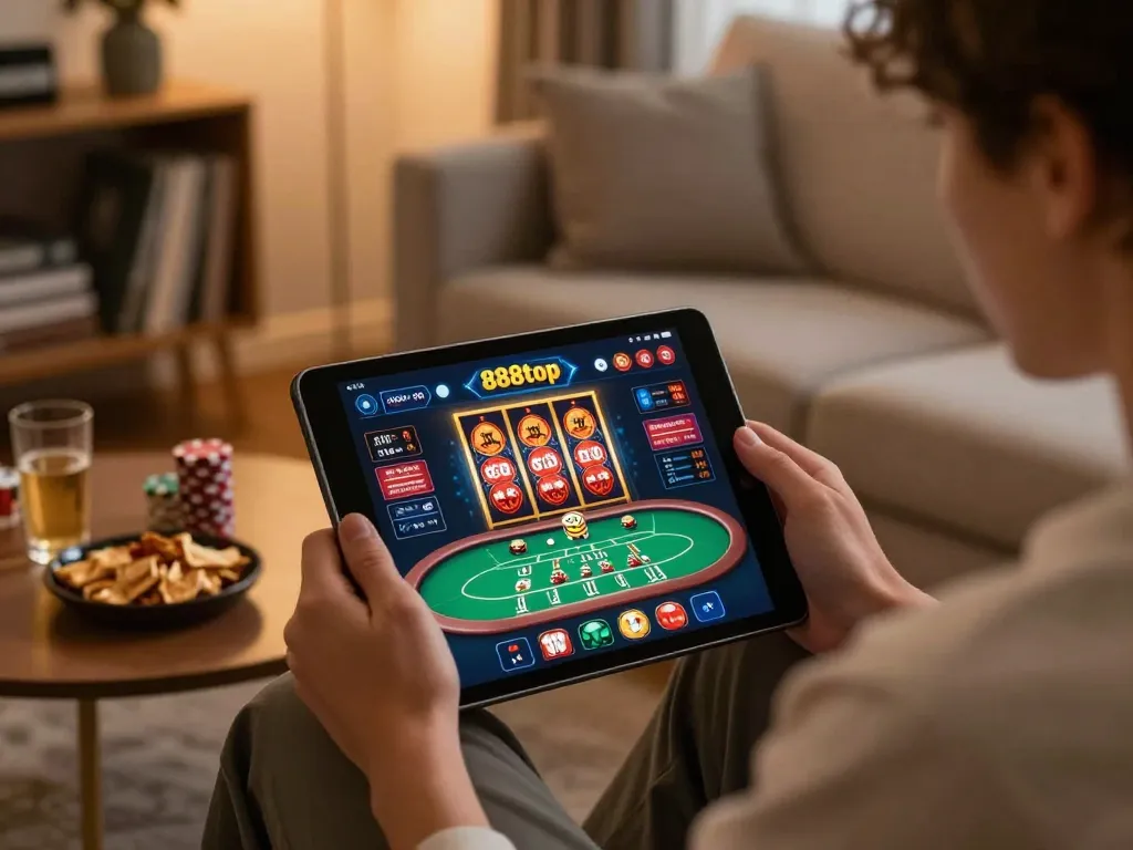 Player engaging with 888top casino app on tablet in a cozy living room setting.