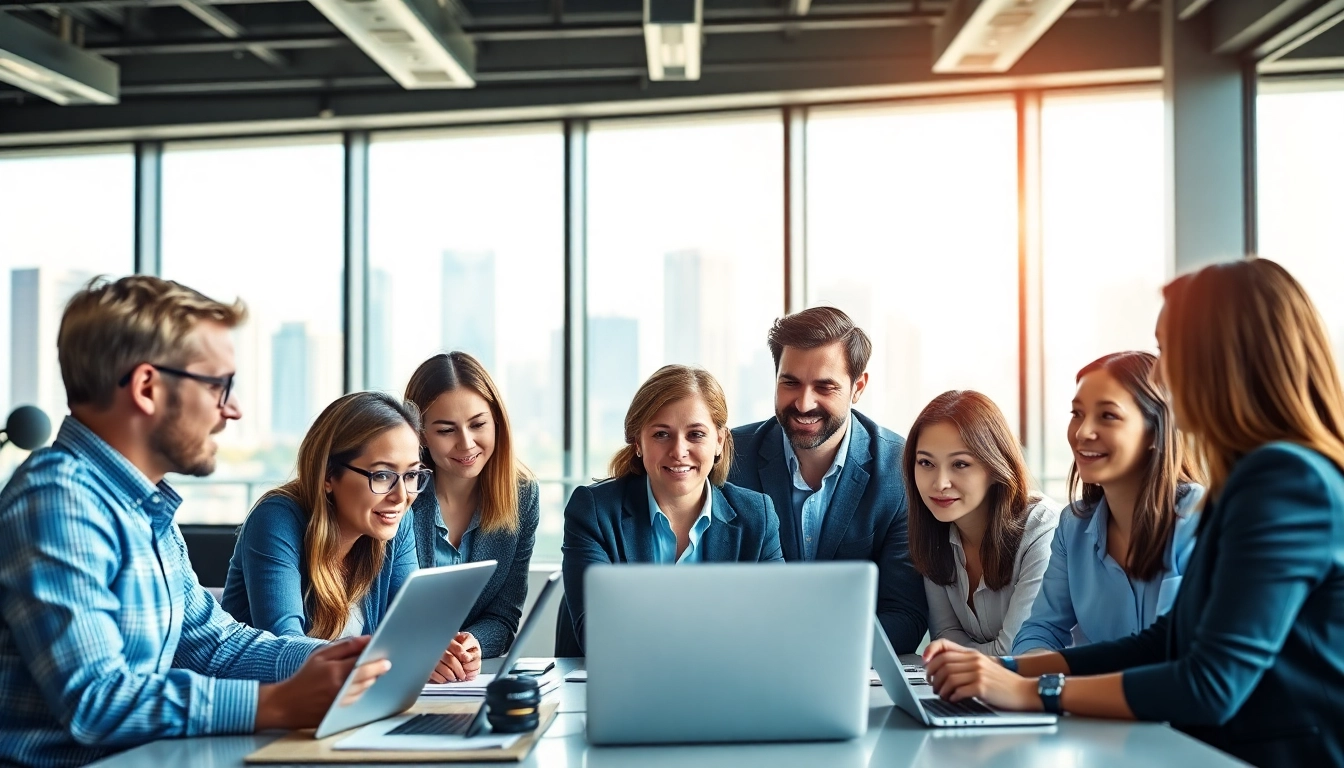 Digital marketing company team strategizing in a modern office environment.