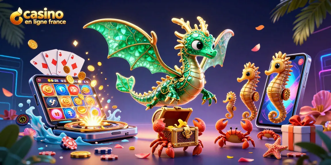 Illustration d'un dragon de mer avec un smartphone montrant le casino en ligne France et des jeux de casino.