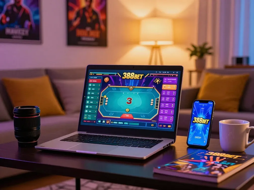 Engaging online poker gameplay showcased on 388bet platform in a cozy home setup.