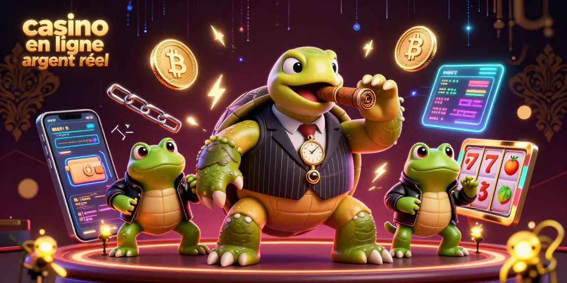 Jouez dans un casino en ligne argent réel avec une tortue caricaturale et des grenouilles.