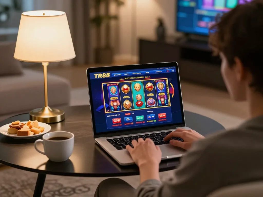 Engaging online gaming session on TR88 platform displayed on laptop in cozy home setting