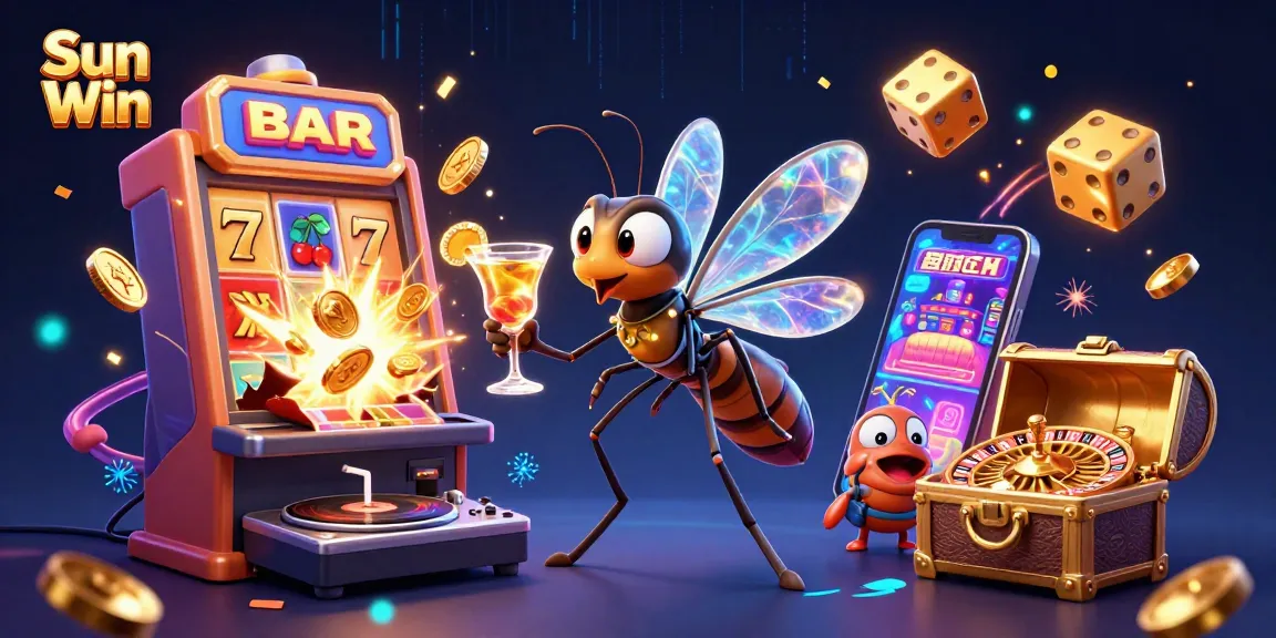Spin to win at Sun Win with vibrant casino mascots and dynamic gaming elements in a 3D illustration.
