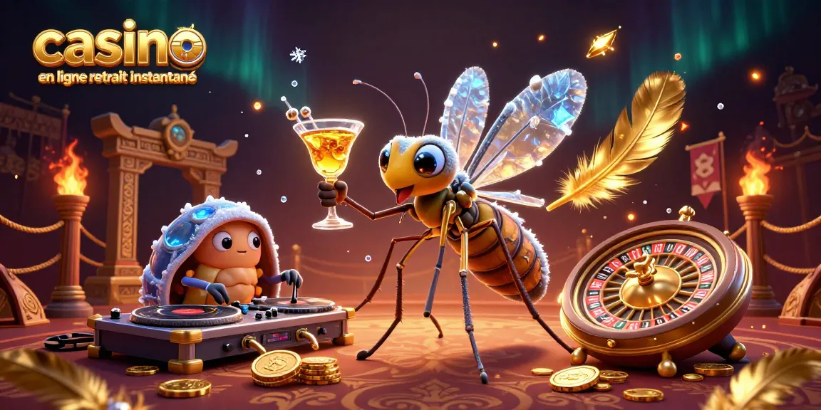 Un casino en ligne retrait instantané avec un moustique de l'ambre en mascotte offrant un cocktail, entouré de détails glamour.