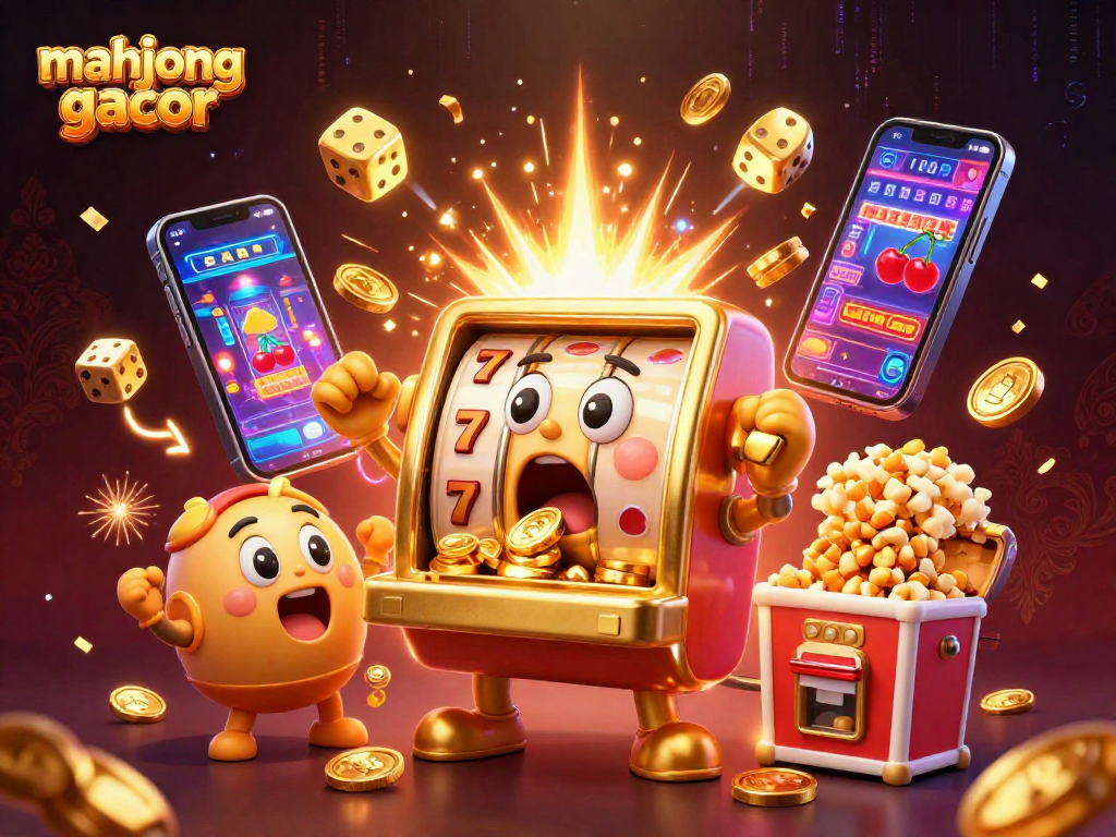 Play mahjong gacor and win big with energetic scenes of animated slot machines celebrating jackpots.