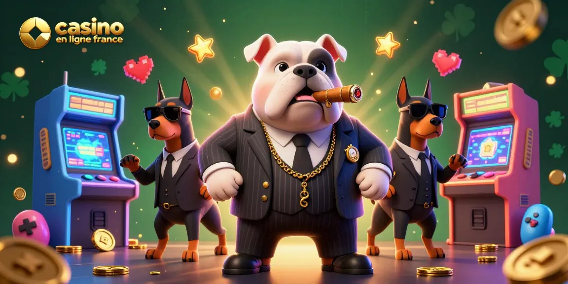 Illustration captivante de casino en ligne France avec un bulldog mafia et des machines à sous colorées.
