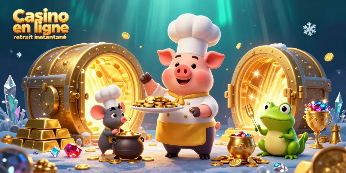 Des jeux de casino en ligne retrait instantané, mettant en scène un chef pig et un critique, entourés de richesses.