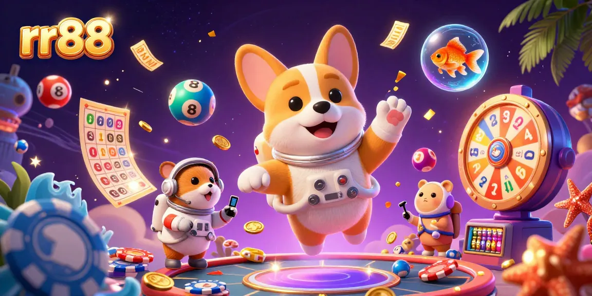 Spin winning games at rr88 with a dynamic casino scene featuring cartoon characters and vibrant elements.
