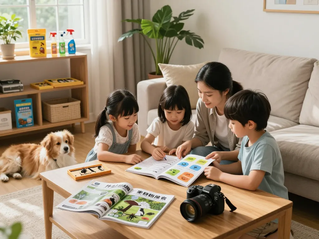 Family discussing a pest control guide with various pest management products in a cozy living room setting.