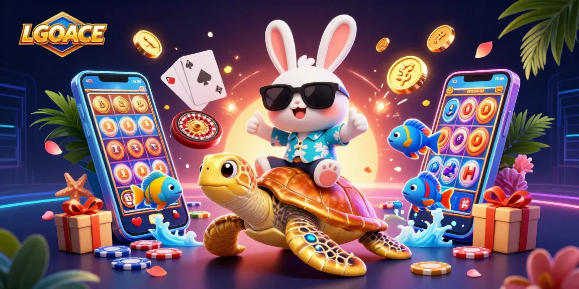 LGOACE slot gaming scene featuring a lucky rabbit and sea turtle amidst dynamic casino elements.