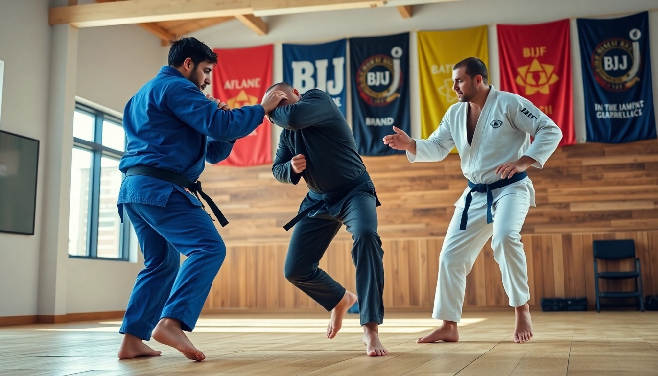 Engaging training scene of martial artists showcasing the BJJ Brand in action.