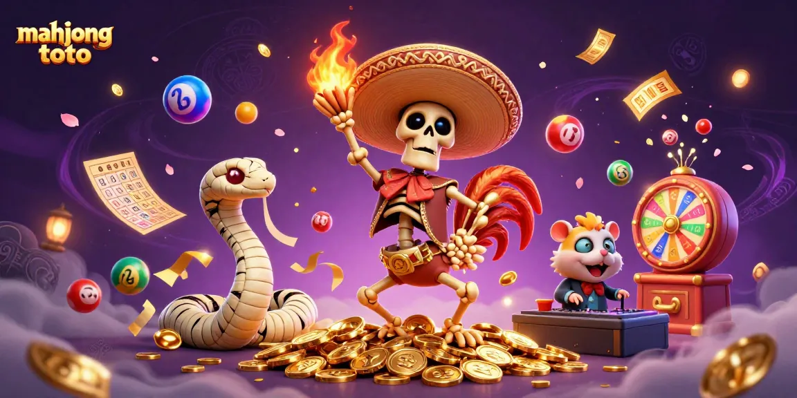 Experience the thrill of mahjong toto with festive characters and dynamic game elements in a 3D illustration.