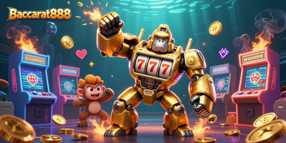 Experience Baccarat888 excitement with a dynamic illustration featuring a golden gorilla mech and arcade gaming elements.