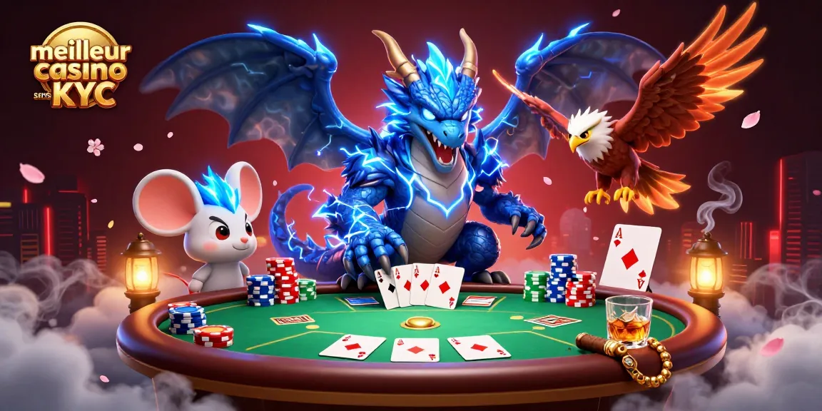 Plonger dans le meilleur casino sans KYC avec un dragon et des éléments de poker dynamiques.