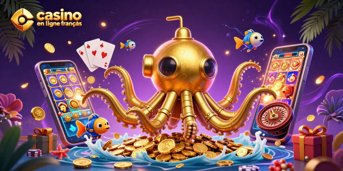 Le kraken doré et des poissons mécaniques dans une scène de casino en ligne français captivante.
