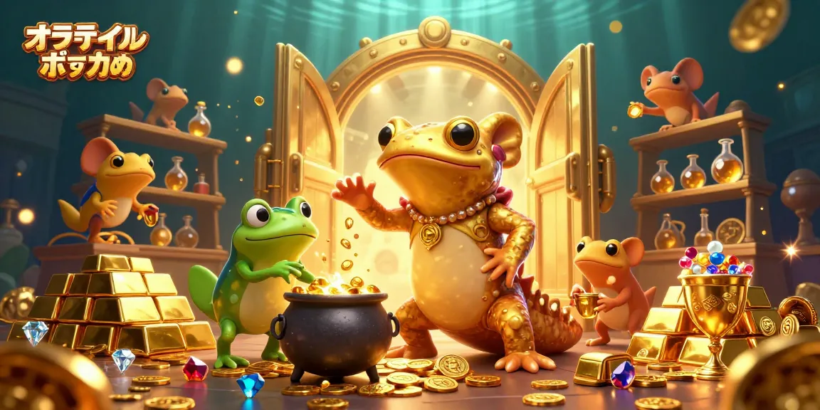 オンラインポーカー おすすめで金色のサラマンダーが金貨を生成する様子を描いた超詳細なイラスト。