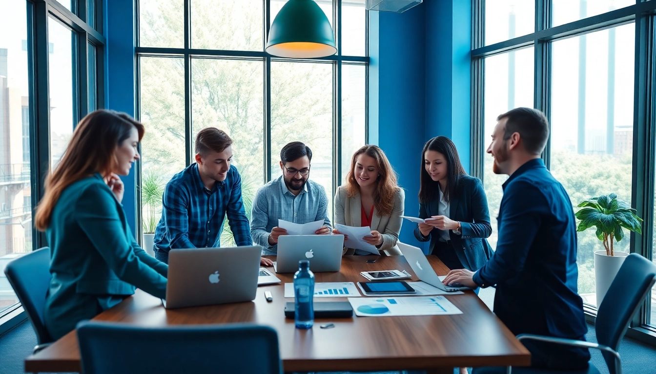 Team discussing strategies as a digital marketing company, showcasing collaboration in a modern office.