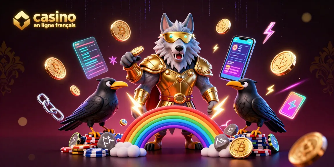 Plongez dans l'univers des jeux avec casino en ligne français, mettant en vedette un loup Odin et des éléments de cryptomonnaie.