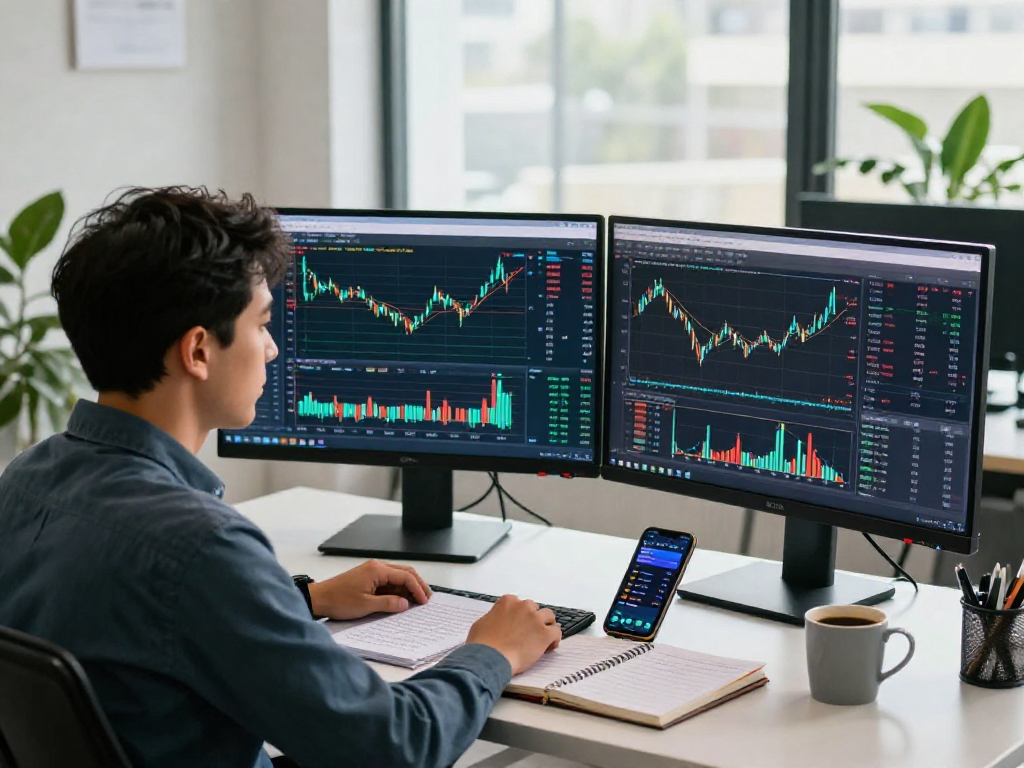Analyzing market trends on MetaTrader 5 with dual monitors in a modern workspace.