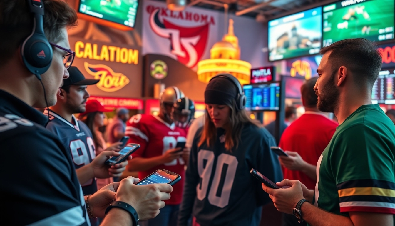 Enthusiastic fans engaging in Oklahoma sports betting, surrounded by digital betting displays.
