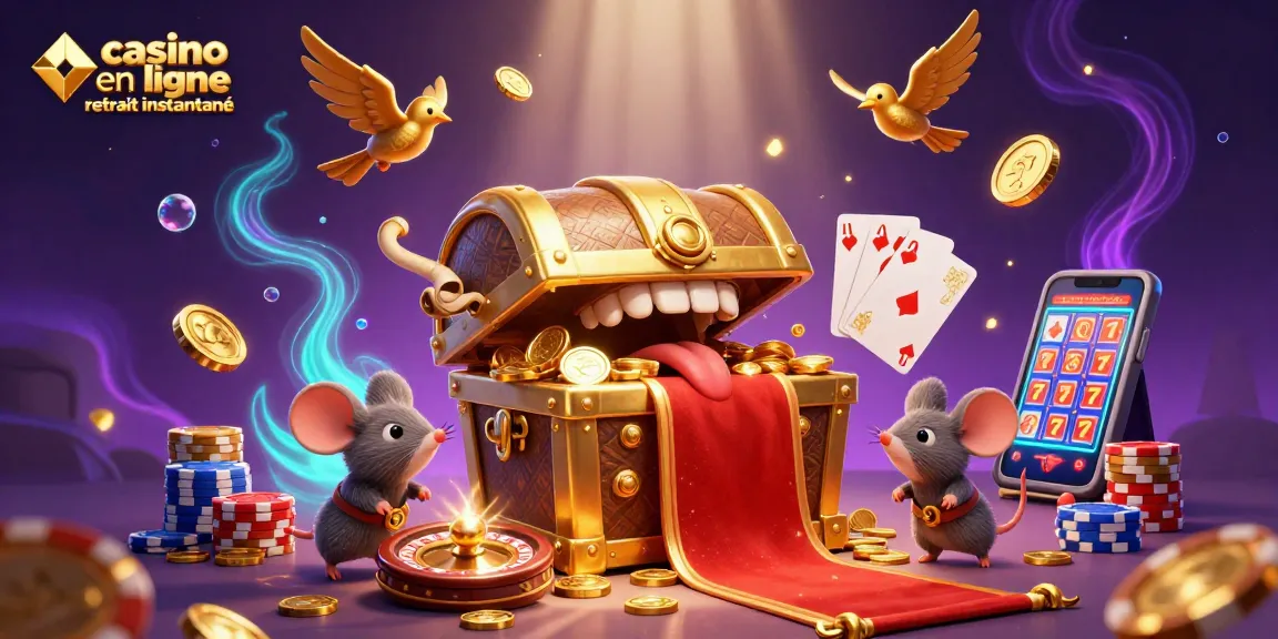 Casino en ligne retrait instantané : trésorerie dorée et souris aventurières découvrant des richesses.