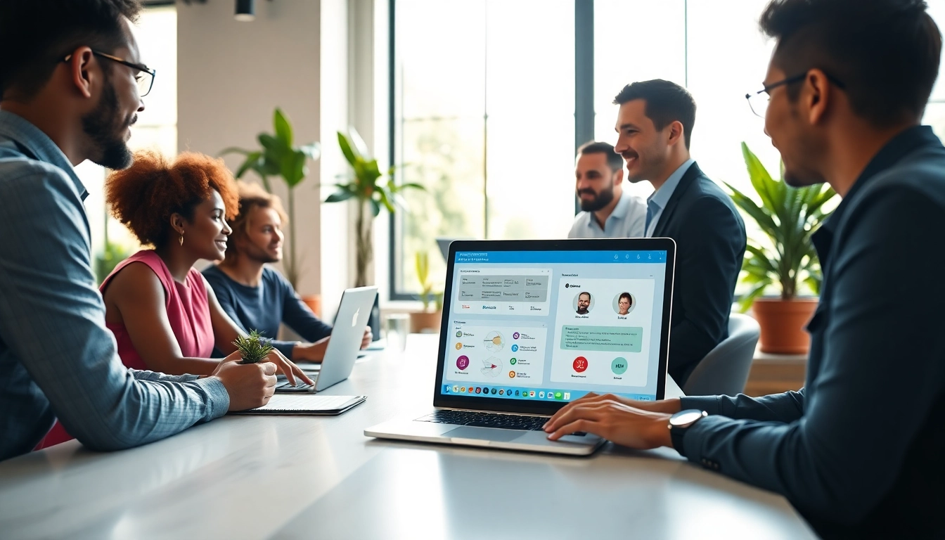 Showcase of enterprise assistant software tool aiding team collaboration in a modern office.