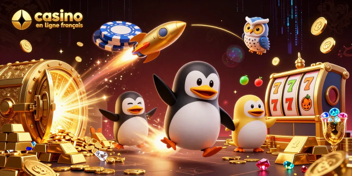 Casinos en ligne français : plongez dans un univers de gain avec un pingouin en or et des trésors scintillants.