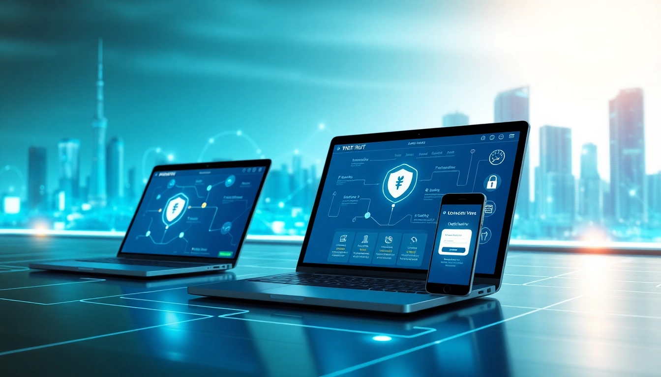 展示全球连通性与安全连接的多设备 VPN 应用界面。