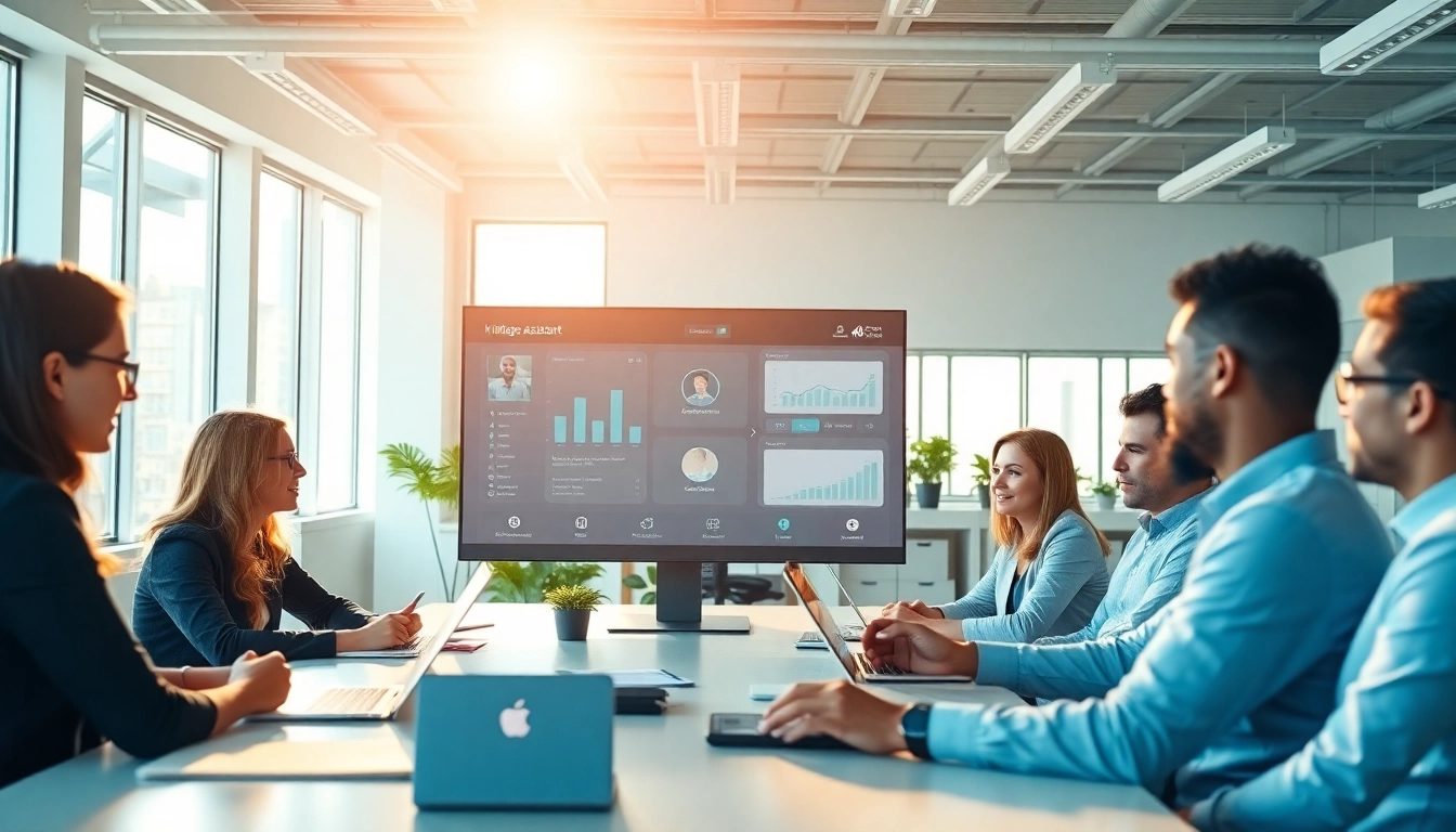 Showcasing enterprise assistant software in a collaborative workspace with a digital assistant at the center.