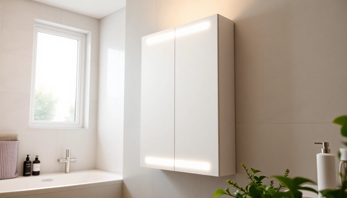Stylish bathroom cabinet with mirror and light enhancing modern bathroom decor.