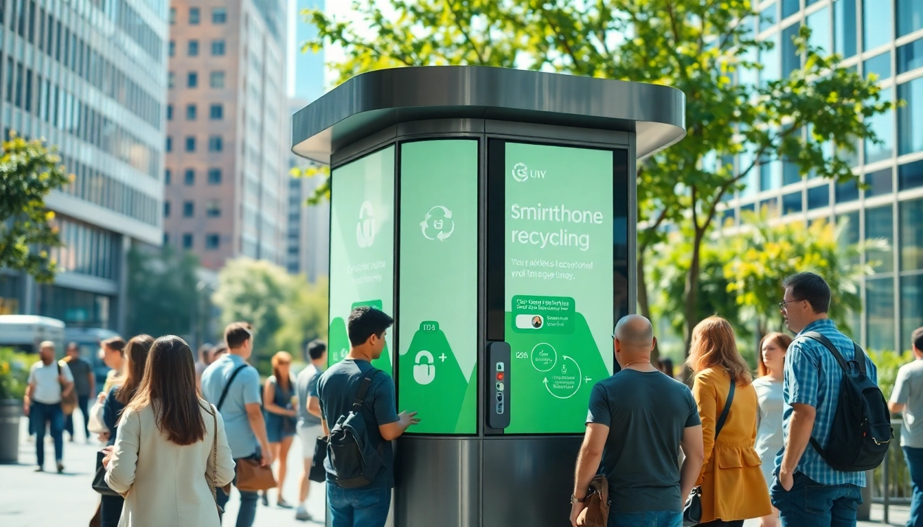Discover the ecoATM alternative with a modern kiosk promoting smartphone recycling in an urban landscape.