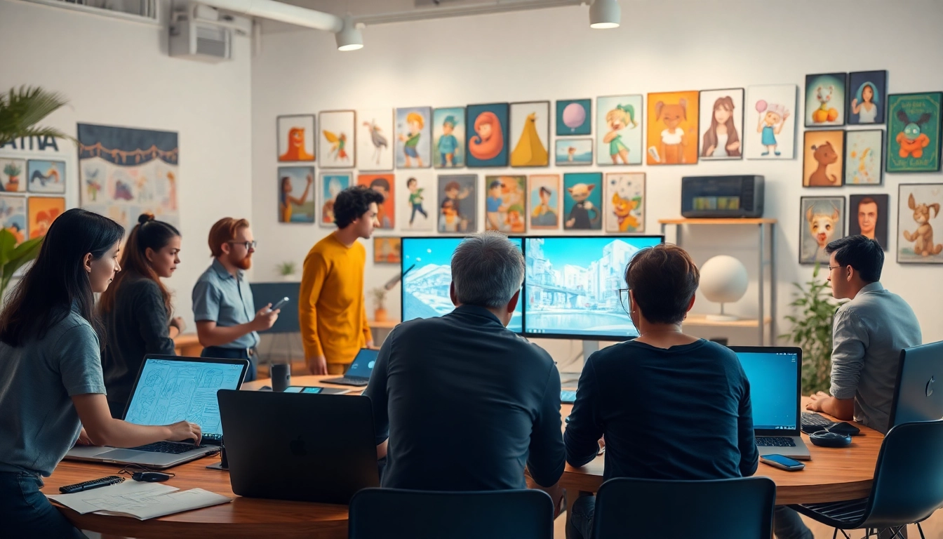 Animation Studio Berlin: Artists brainstorming in a vibrant workspace filled with animation art.