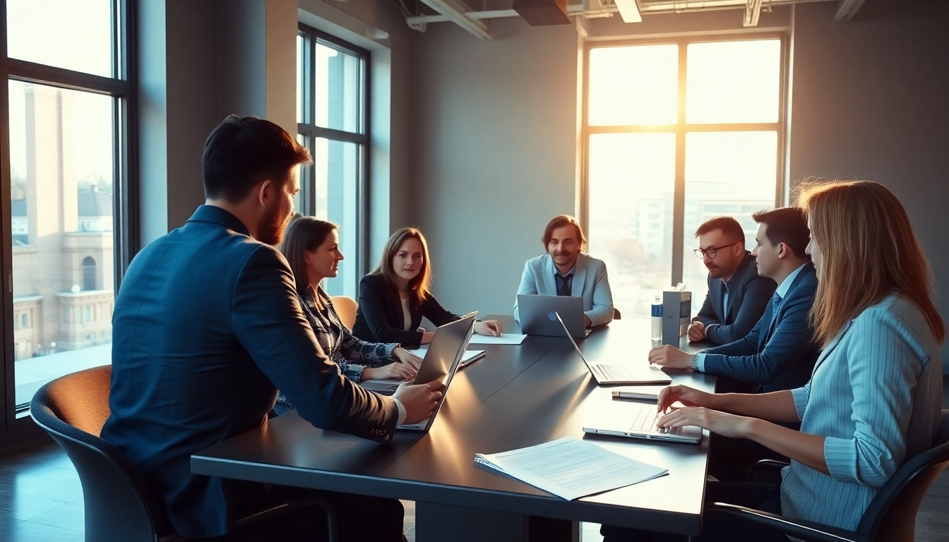 Executive search firm professionals collaborating in a bright and modern office setting.