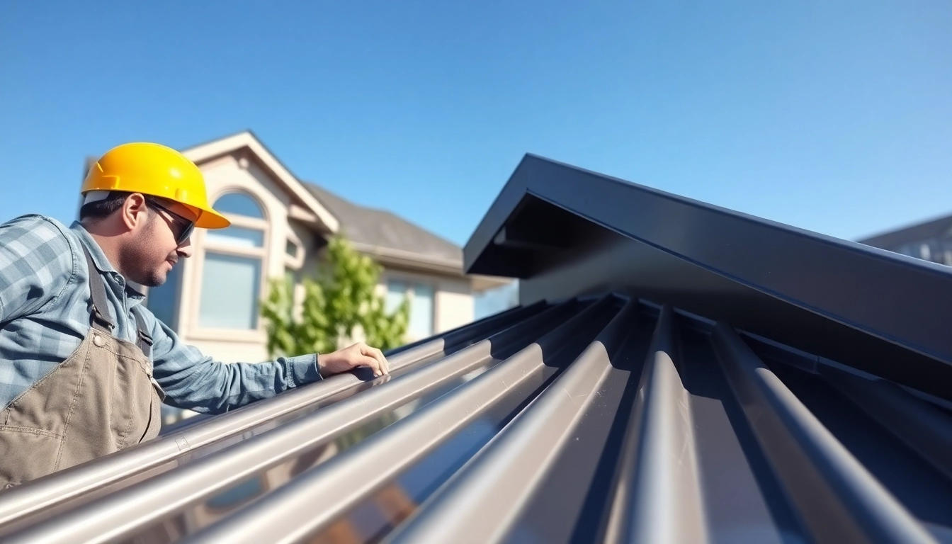 Install metal roofing calgary with skilled contractor showcasing elegant design on a sunny day.