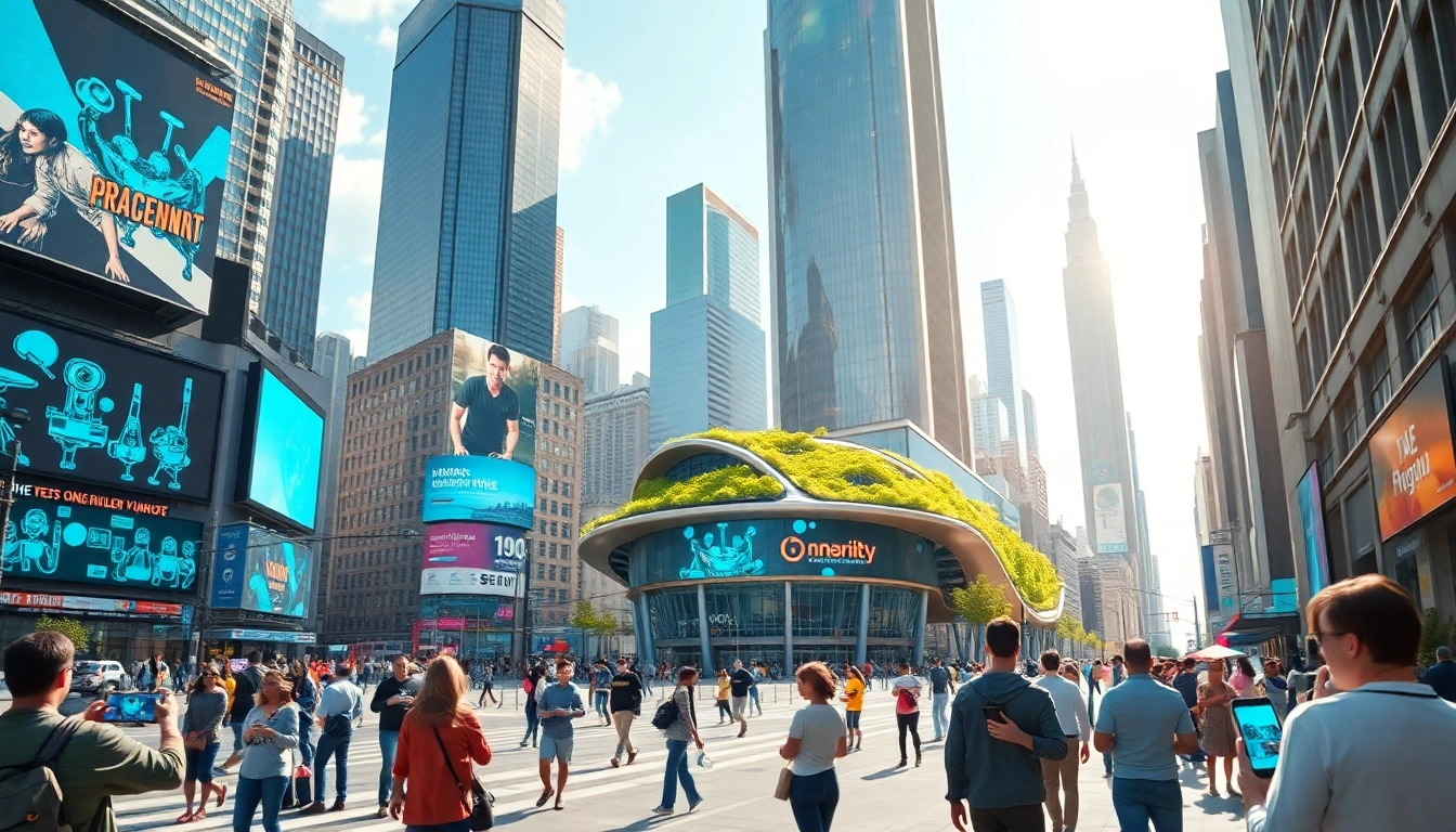 Showcasing Technology, a busy cityscape with modern devices and innovative architecture.