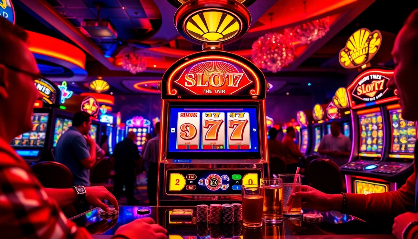 Slot77 mesin yang mencolok di kasino dengan cahaya cerah dan pemain yang terlibat.