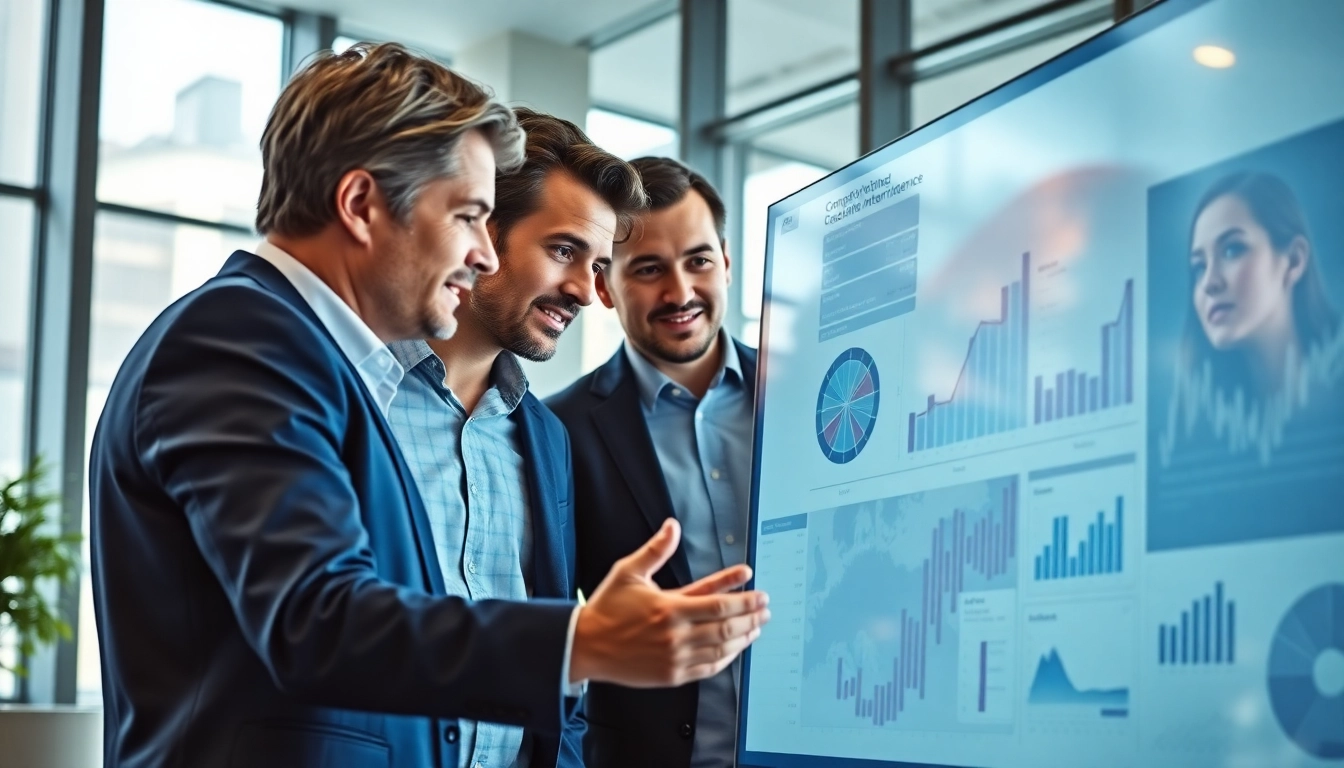 Team analyzing competitive intelligence data in a modern office setting.