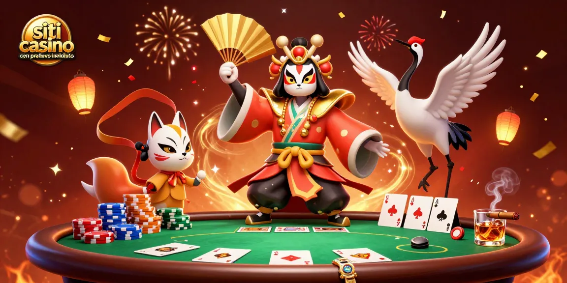 Scopri siti casino con prelievo immediato con una vivace illustrazione 3D di un guerriero kabuki e maschere.