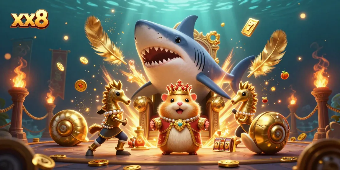 Experience the thrilling visuals of xx8, featuring a golden hamster king in an underwater casino scene with slot reels and dynamic game elements.