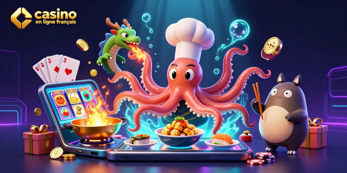 Vivez l'excitation du casino en ligne français avec un chef sushi poulpe et un dragon jouant ensemble.