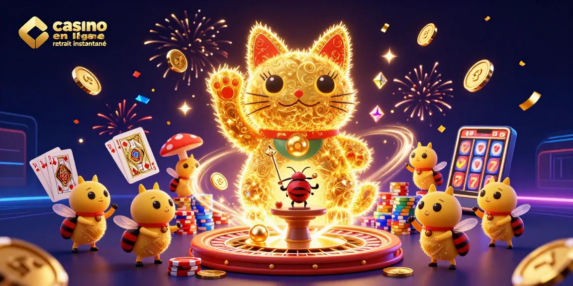 Vivez l'excitation du casino en ligne retrait instantané avec un chat porte-bonheur en 3D illuminé.