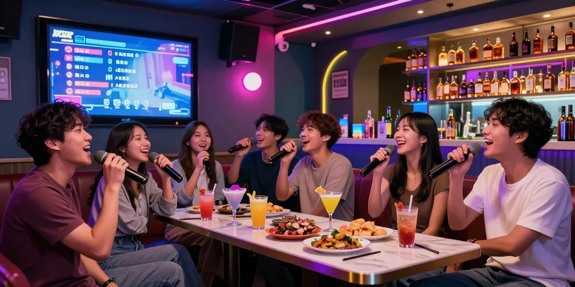 Group of friends enjoying a lively karaoke session at https://www.magic4karaoke.com/ in Jeju, South Korea, with vibrant decor and cocktails.