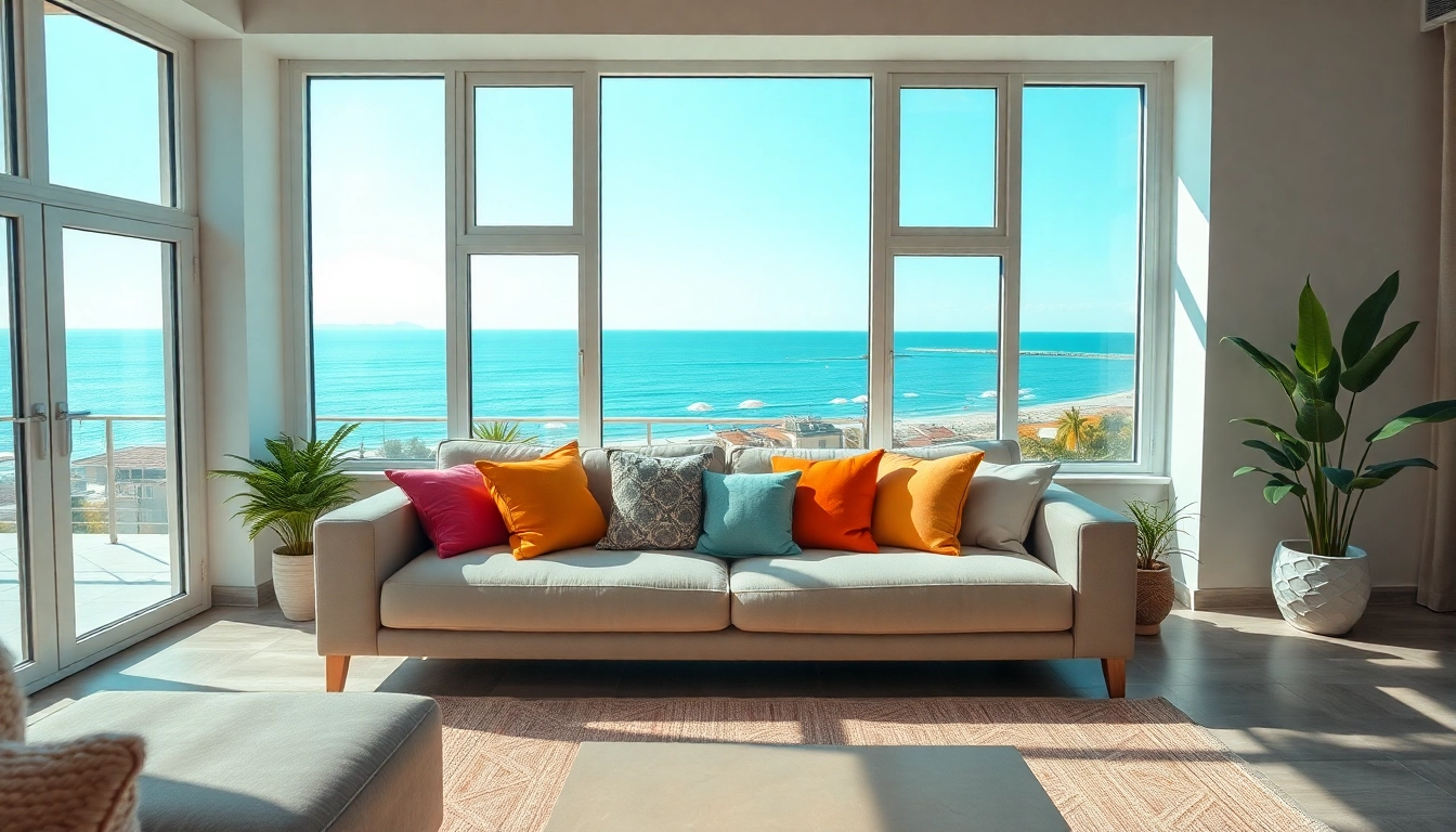 Stylish living area highlighting an apartment for rent in Alanya Turkey with coastal views.